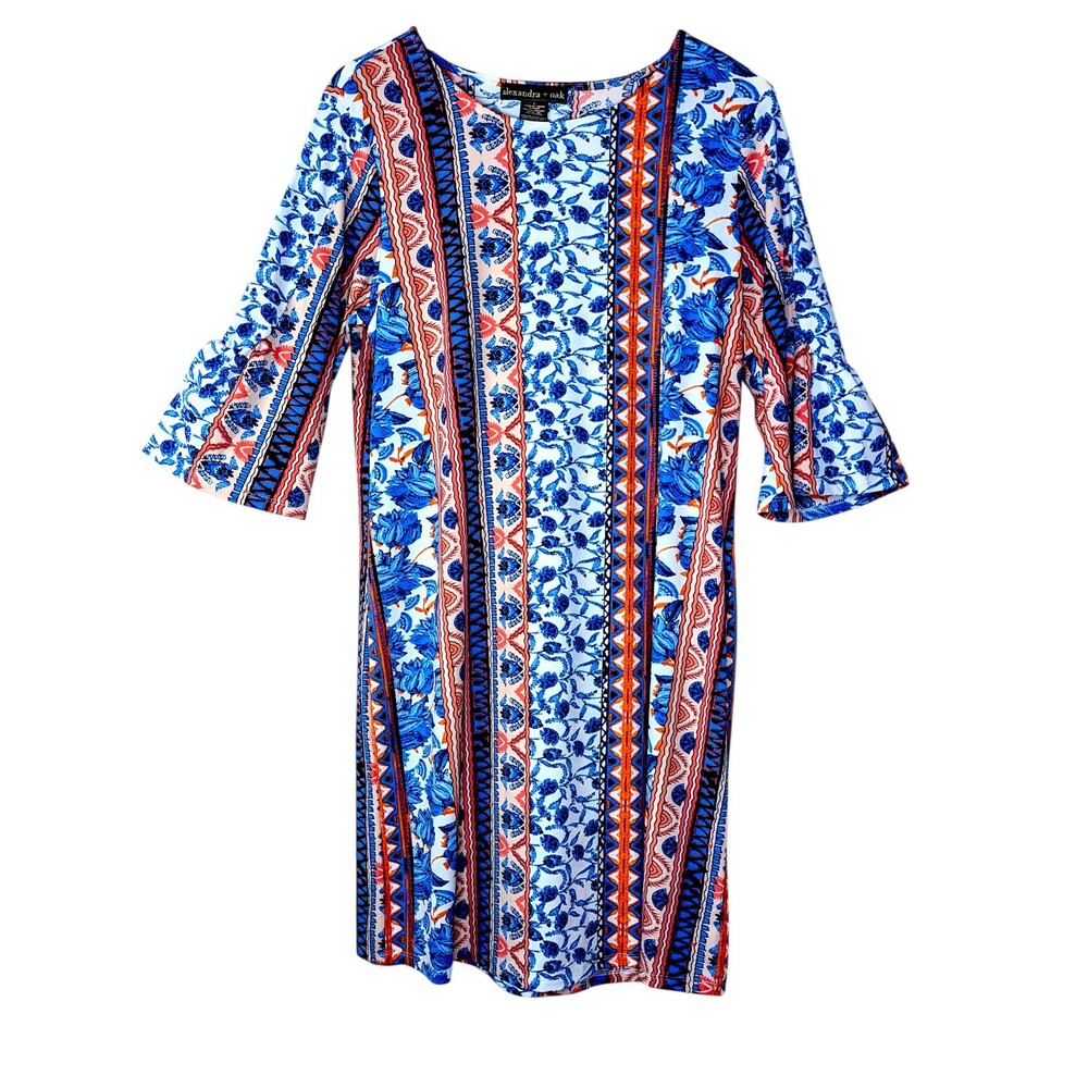 Alexandra  Oak Shift Dress Womens Large Pink Blue Floral Flutter Sleeve Stretch